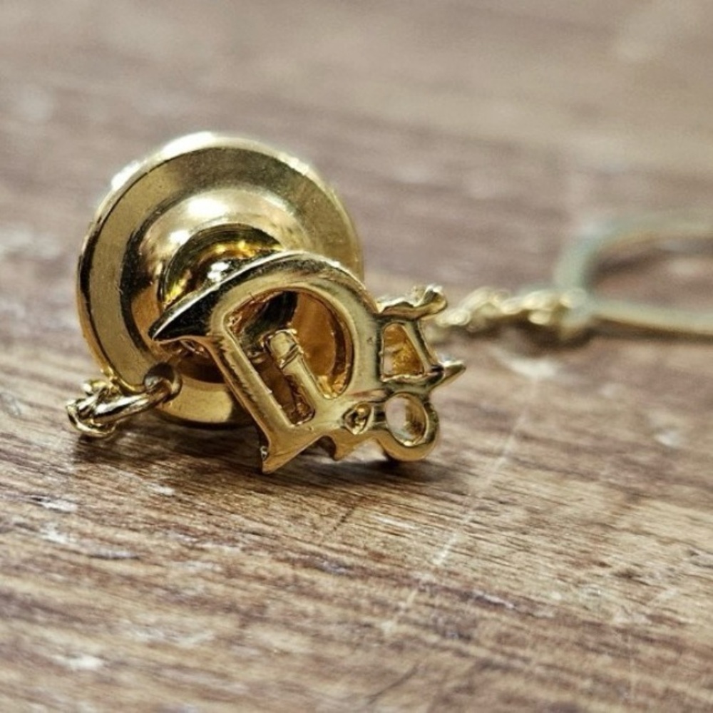 RARE Vintage Christian Dior Logo Gold Tie Tack Pin Chain Bar Brooch, Authentic